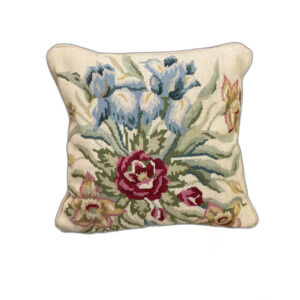 Vintage Ethan Allen Wool Needlepoint Throw Pillow 17”x17” iris/roses USA